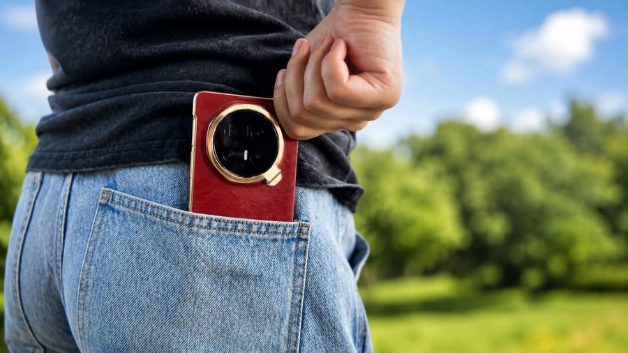 Zadní strana červeného telefonu HONOR Magic V6 s kulatým modulem fotoaparátu v zadní kapse modrých džínsů.