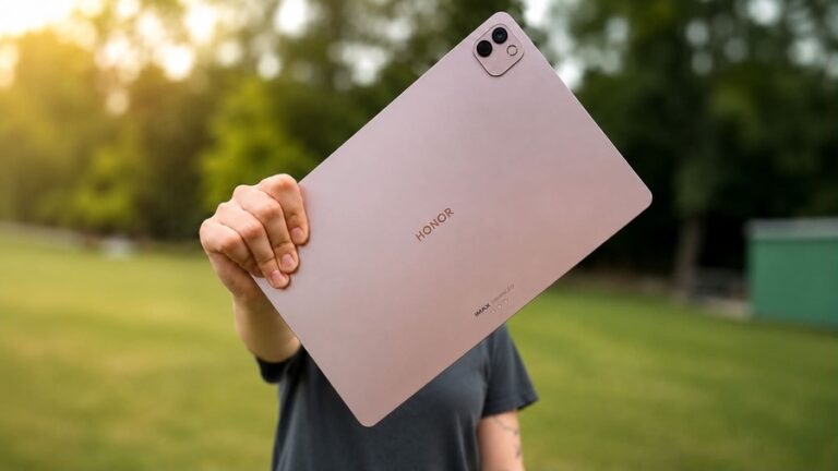 Detailní záběr na zadní stranu tabletu HONOR MagicPad 4, který drží člověk před sebou. Pozadí tvoří rozostřená, sluncem zalitá zahrada.