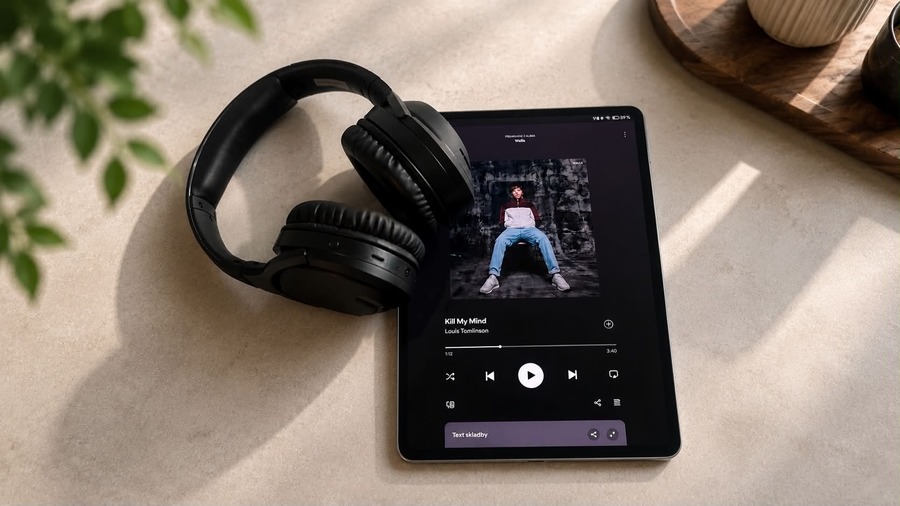 HONOR MagicPad 4 s přehrávačem hudby a černá sluchátka položená na světlém stole vedle zelené rostliny.