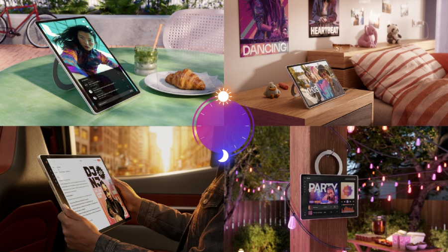Čtyři různé situace ukazující využití tabletu Lenovo Tab Plus Gen 2 venku na stole, v ložnici, v autě a zavěšeného na zahradní párty.
