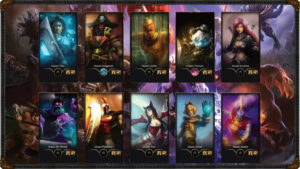 Obrázek zachycuje načítací obrazovku ze hry League of Legends, která představuje speciální nostalgický režim Classic s deseti herními postavami. Deset vertikálních karet šampionů tvoří dva vodorovné řádky po pěti kartách na tmavém pozadí s historickými herními motivy.