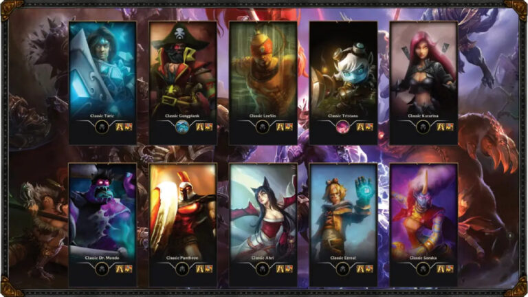 Obrázek zachycuje načítací obrazovku ze hry League of Legends, která představuje speciální nostalgický režim Classic s deseti herními postavami. Deset vertikálních karet šampionů tvoří dva vodorovné řádky po pěti kartách na tmavém pozadí s historickými herními motivy.