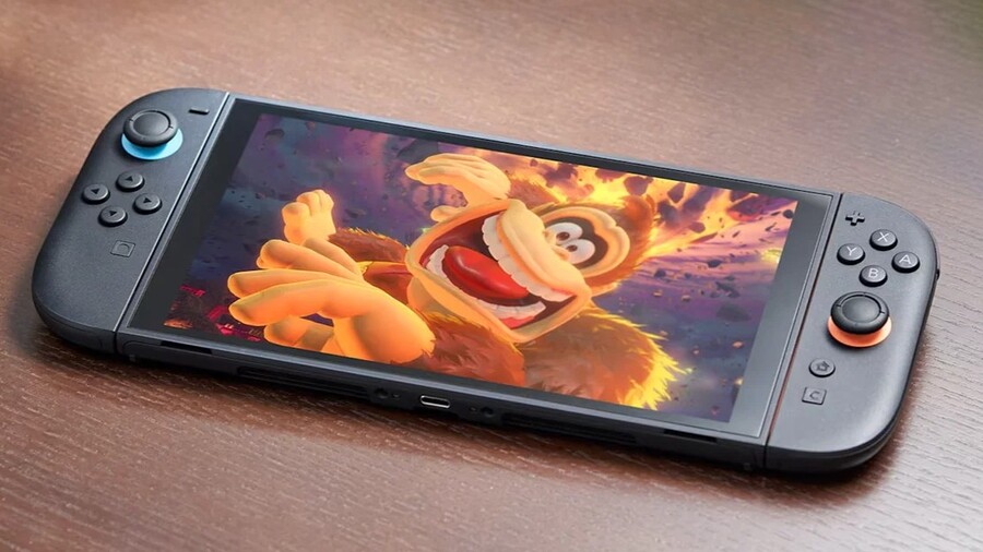Detailní pohled na herní konzoli Nintendo Switch 2 položenou na stole, na jejímž displeji běží barevná herní grafika.
