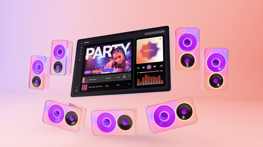 Tablet Lenovo Tab Plus Gen 2 obklopený sedmi levitujícími reproduktory s fialovým podsvícením, které symbolizují silný prostorový zvuk JBL.
