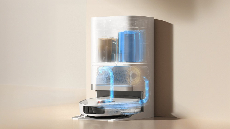 Průhledová vizualizace multifunkční dokovací stanice robotického vysavače Xiaomi Robot Vacuum X20+, která zobrazuje proudění vzduchu při odsávání prachu a nádrže na čistou a špinavou vodu.