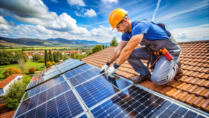 Muž instaluje fotovoltaiku panely na střechu domu