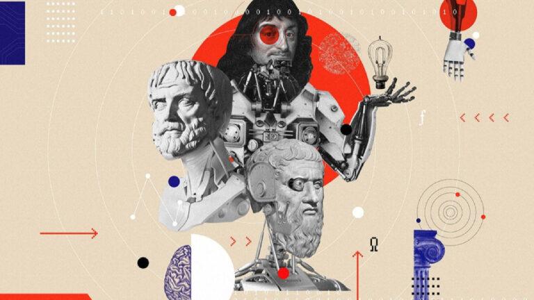 Surrealistická koláž s mechanickými prvky zobrazuje historické filozofy a ilustruje, jak vznikají nové kreativní a etické AI profese.