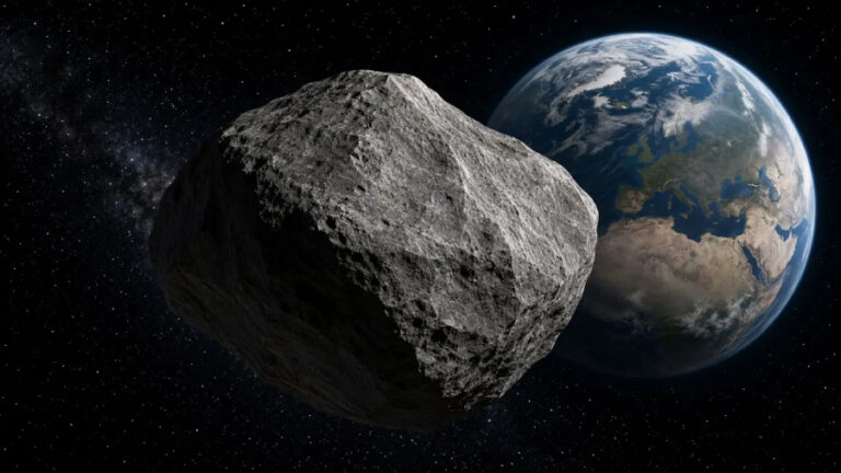 Digitální ilustrace zachycuje asteroid Apophis jako velký šedý kamenný objekt s členitým a kráterovitým povrchem, který se v temném vesmíru plném hvězd přibližuje k planetě Zemi, na níž jde jasně rozpoznat kontinent Afriky a Evropy.