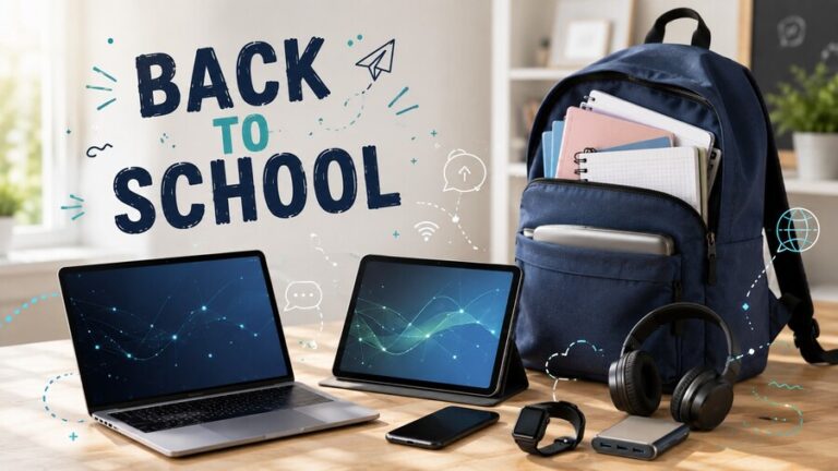 Back to school: Školní batoh, notebook, tablet, telefon, chytré hodinky, sluchátka a powerbanka na stole s nápisem „Back to School“.
