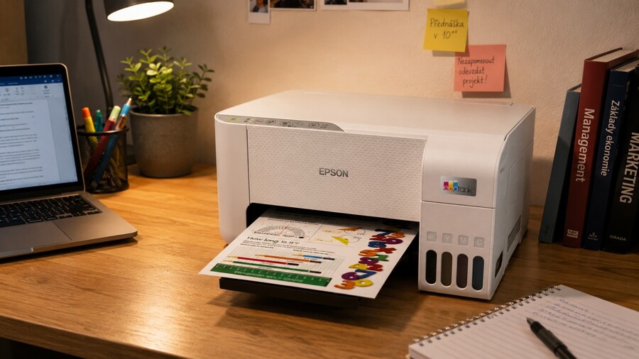 Back to school: Bílá tiskárna Epson EcoTank L3276 stojí na dřevěném stole s tištěným dokumentem, vedle ní je notebook a knihy.