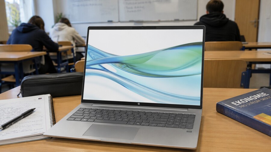 Back to school: Stříbrný notebook HP ProBook 460 G11 s abstraktní modro-zelenou tapetou stojí na lavici ve třídě, vedle něj leží učebnice ekonomie a sešit s perem.