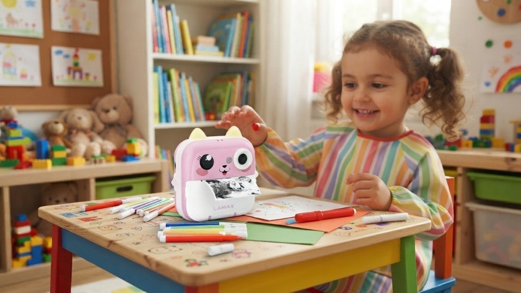Back to school: Dívka u dětského fotoaparátu LAMAX InstaKid2 Plus s okamžitým tiskem fotografií, obklopená barevnými fixami a kreativními potřebami.