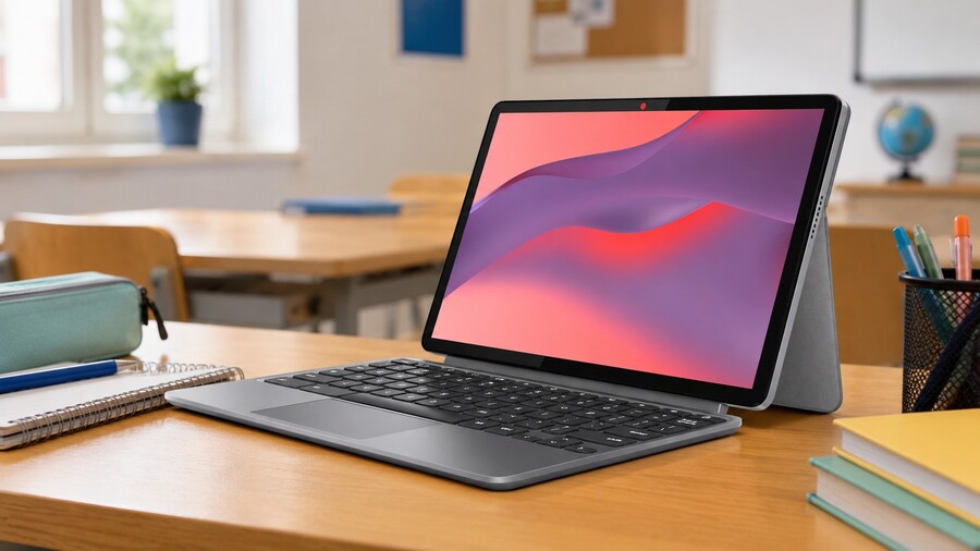 Back to school: Chromebook Lenovo Duet 11M889 s abstraktní tapetou na displeji stojí na dřevěné lavici v prázdné třídě.