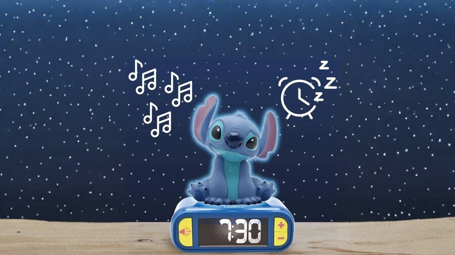 Back to school: Dětský digitální budík Lexibook 3D Stitch s grafickými motivy hudebních not a budíku na pozadí noční oblohy.