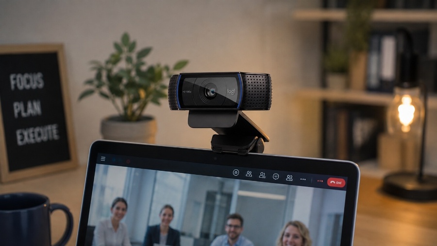 Back to school: Webkamera Logitech HD Pro Webcam C920 je připevněna na horní straně notebooku, na jehož displeji probíhá videohovor s účastníky ve firemním prostředí. Pozadí tvoří pracovní stůl s dekoracemi.