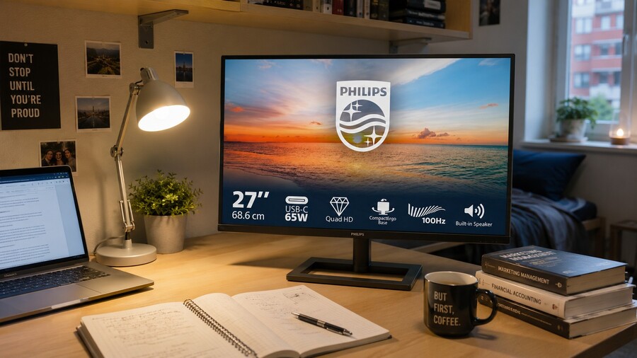 Back to school: Monitor Philips 27E1N1600AE s úhlopříčkou 27 palců a infografikou parametrů stojí na pracovním stole v pokoji vedle notebooku a knížek.