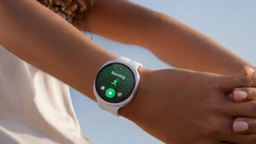 Back to school: Bílé hodinky Samsung Galaxy Watch9 na zápěstí ženy, přičemž na displeji svítí aplikace s motivem běhu.