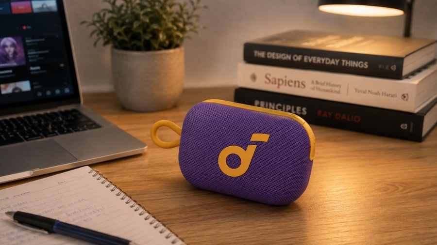 Back to school: Fialový bezdrátový reproduktor soundcore Select 4 Go s žlutým logem a poutkem leží na dřevěném stole v pokoji vedle notebooku a knih.