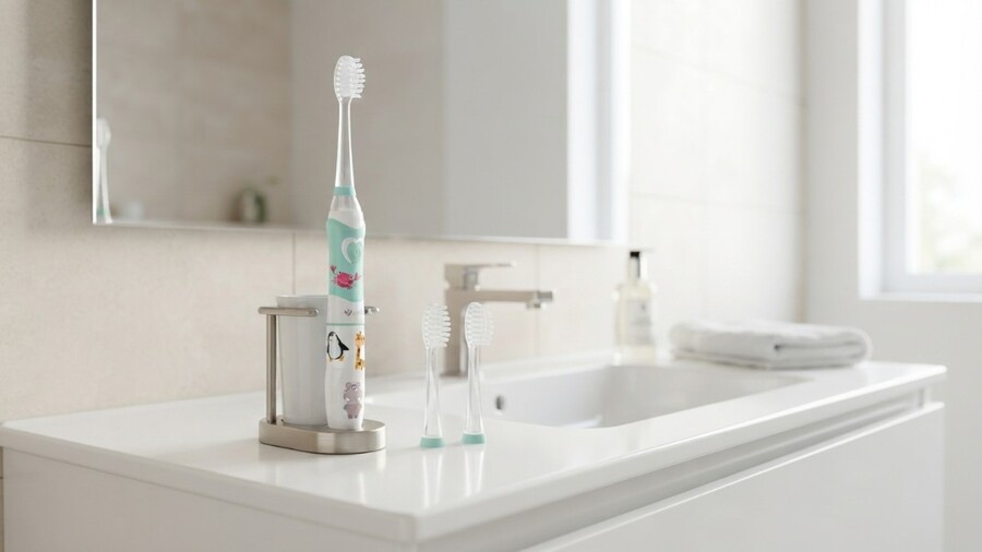 Back to school: Dětský elektrický zubní kartáček TrueLife SonicBrush Baby G s motivem zvířátek stojí ve stojánku na bílé umyvadlové desce. Vedle jsou dvě náhradní hlavice. Pozadí tvoří moderní koupelna se zrcadlem a oknem.