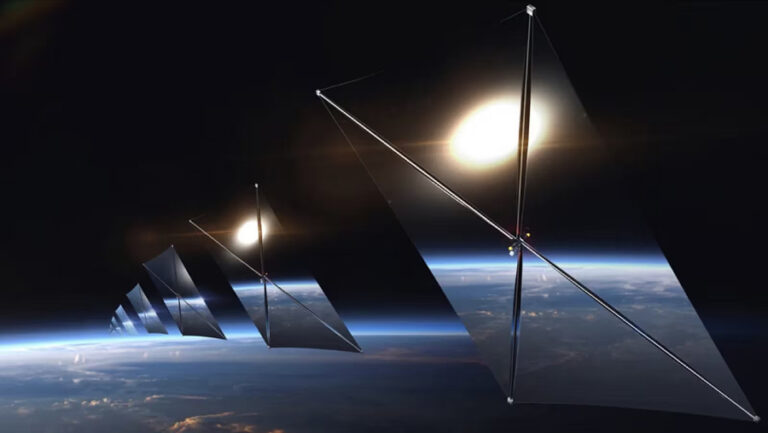 Vizualizace řady zrcadlových satelitů Eärendil-1 od společnosti Reflect Orbital na oběžné dráze Země, které odrážejí intenzivní sluneční světlo.