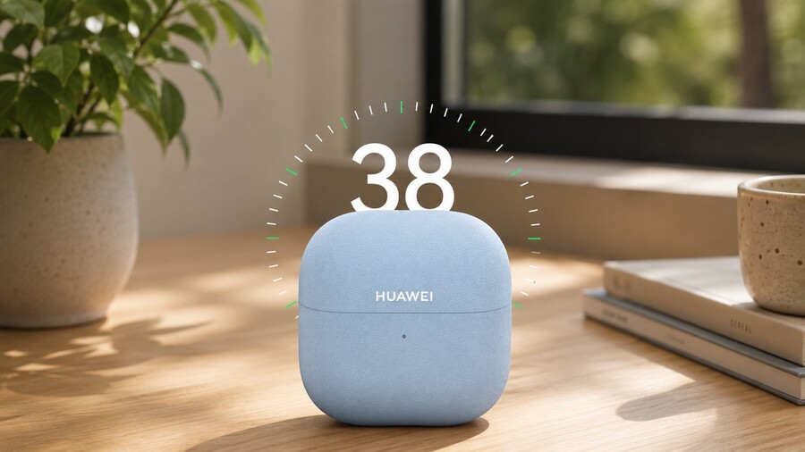 Světle modré nabíjecí pouzdro na sluchátka HUAWEI FreeClip 2 na dřevěném stole, nad nímž je graficky znázorněno číslo 38 obklopené kruhovým ukazatelem.