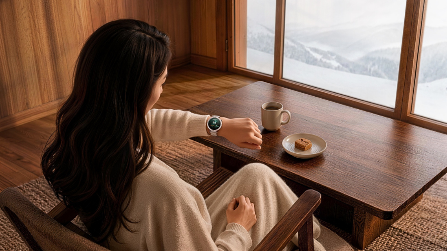 Žena v interiéru sleduje zdravotní přehledy Celia AI Health Insights na chytrých hodinkách Huawei Watch GT 7.