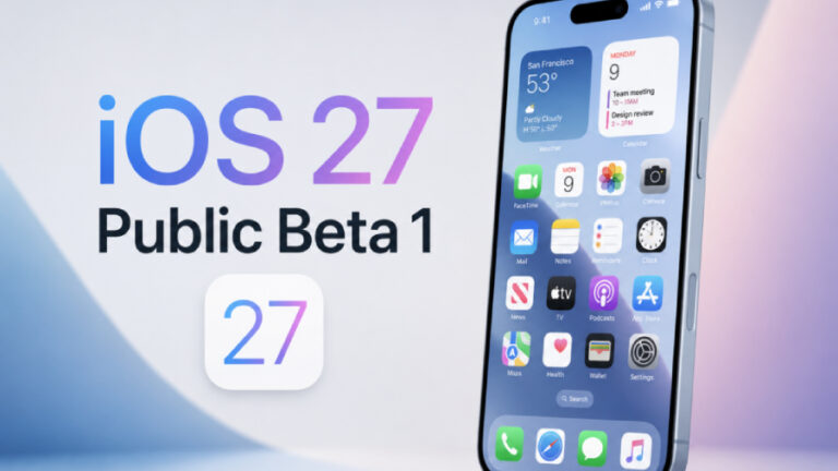 Render iPhonu zobrazující domovskou obrazovku s widgety vedle výrazného nápisu iOS 27 Public Beta 1.