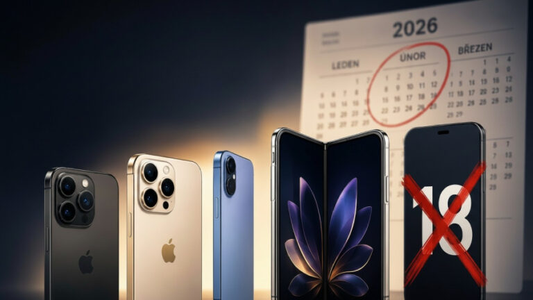 Produktová řada smartphonů Apple včetně skládacího modelu Ultra, kalendáře na rok 2026 s vyznačeným únorem a displeje s přeškrtnutým číslem označujícím odložený iPhone 18.