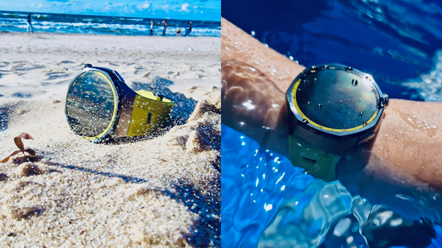 Dvojitý snímek zachycující testování odolnosti hodinek Huawei Watch GT 7 Pro: na levé fotce leží model s olivovým řemínkem v písku na větrné pláži s nafoukanými zrnky na skle, na pravé fotce jsou pak ponořené pod hladinou bazénu.