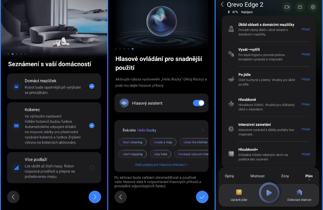 Ukázka rozhraní mobilní aplikace Roborock s nastavením pro domácnost, hlasovým ovládáním a plánováním úklidu pro vysavač Roborock Qrevo Edge 2.