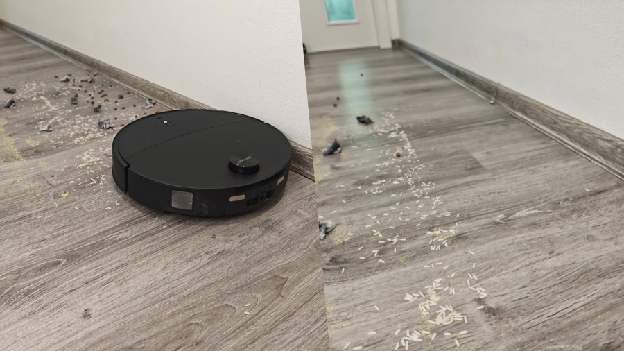 Praktický test vysávání – robotický vysavač Roborock Qrevo Edge 2 uklízí na chodbě rozsypanou rýži, granule a třpytky.