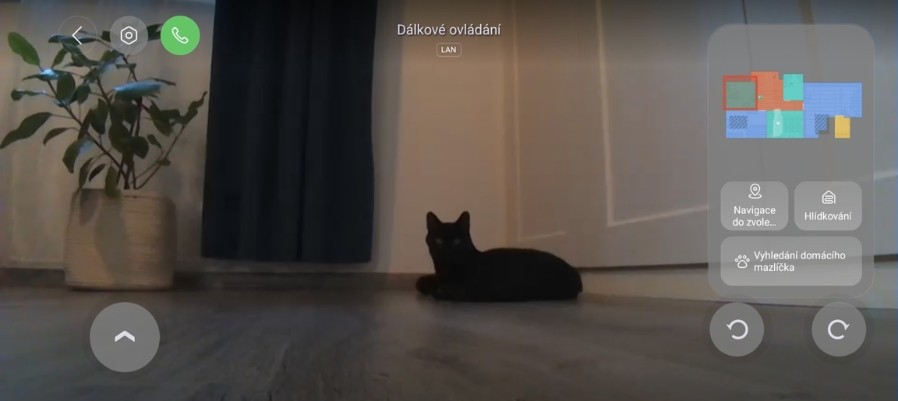 Snímek z mobilní aplikace Roborock zachycující živý obraz z kamery vysavače Roborock Qrevo Edge 2 a vyhledání černé kočky v místnosti.