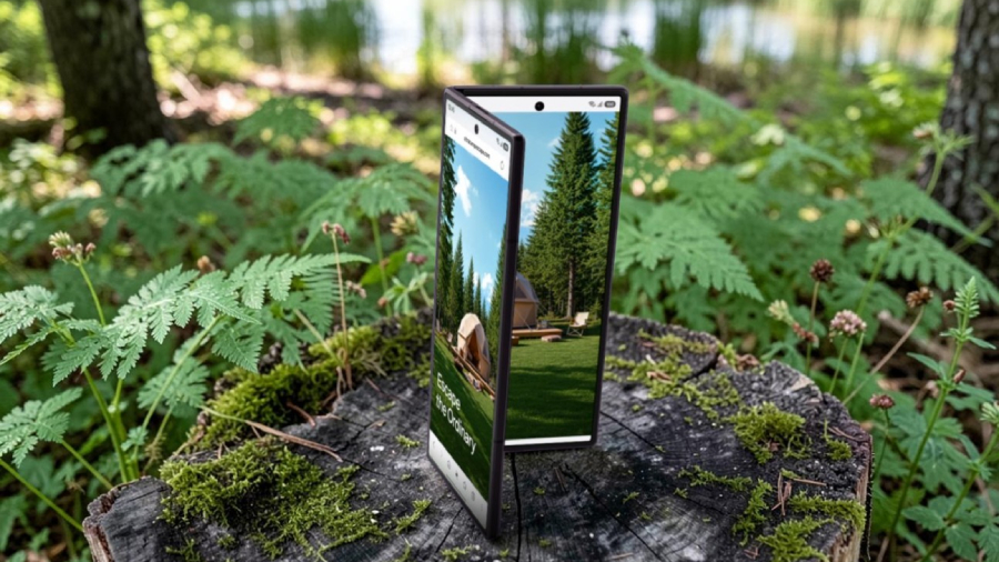Polootevřený chytrý telefon Samsung Galaxy Z Fold8 Ultra postavený na dřevěném pařezu obklopeném kapradím, zobrazující na obou displejích tapetu s motivem lesního kempování.