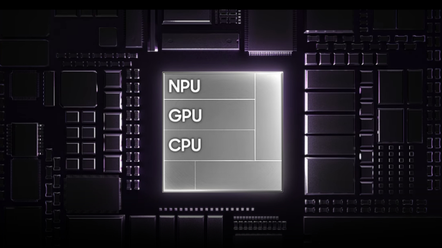 Detailní pohled na základní desku a čip procesoru chytrého telefonu Samsung Galaxy Z Fold8 Ultra se zvýrazněnými bloky pro NPU, GPU a CPU.