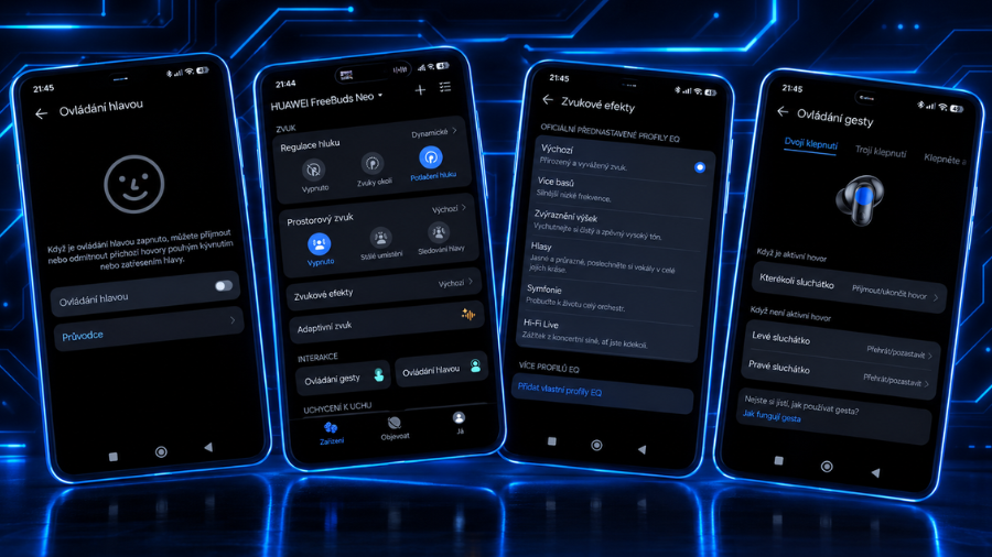 Jednotlivé snímky obrazovky pořízené v rozhraní aplikace Huawei FreeBuds Neo