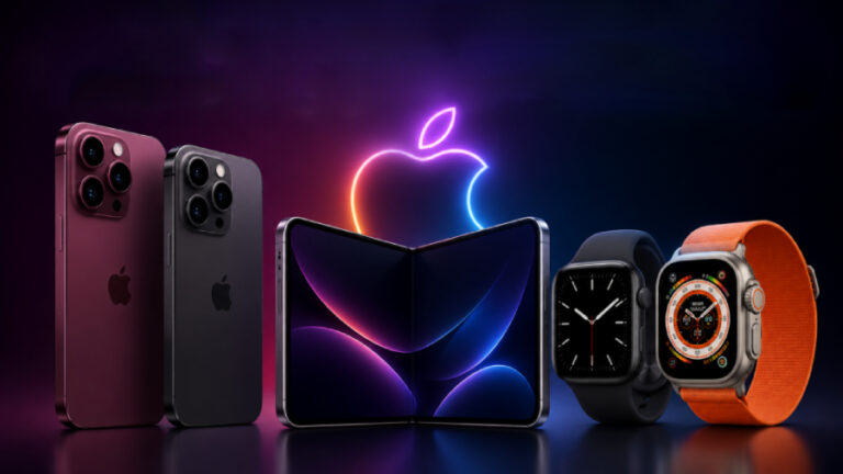 Reklamní grafika ukazující chystané Apple novinky: zleva dva telefony iPhone 18 Pro v temně třešňové a černé barvě, uprostřed rozevřený ohebný iPhone Ultra před zářícím neonovým logem Apple a vpravo dvoje chytré hodinky Apple Watch Series 12 a robustní Apple Watch Ultra 4 s oranžovým řemínkem na tmavém lesklém povrchu.