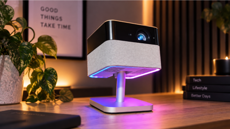 Přenosný projektor Epson LifeStudio Flex EF-72 na stole s produktovým pozadím