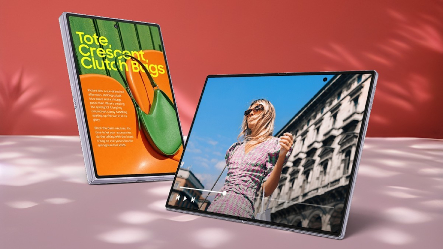 Detailní pohled na chytrý telefon Samsung Galaxy Z Fold8 ve složeném stavu a plně rozloženém stavu na růžovém pozadí s hrou stínů, zobrazující přehrávání videa a barevný magazín.