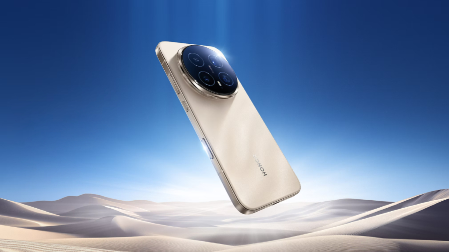 Luxusní mobilní telefon HONOR Magic8 Pro s kruhovým fotoaparátem v poušti, na který platí podzimní slevy.