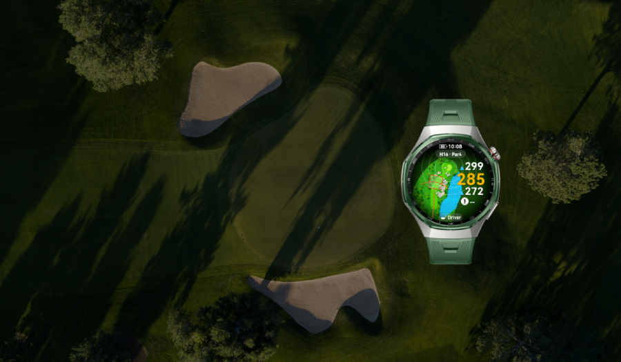 Grafické znázornění golfového hřiště z ptačí perspektivy s vloženým detailem chytrých hodinek Huawei Watch GT 7 Pro, které na displeji zobrazují 3D mapu greenu a vzdálenosti k jamce.