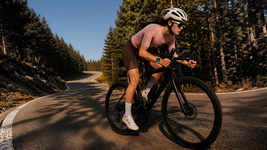 Cyklistka v helmě a sportovním oblečení jede na silničním kole lesní silnicí a sleduje metriky jízdy na hodinkách Huawei.