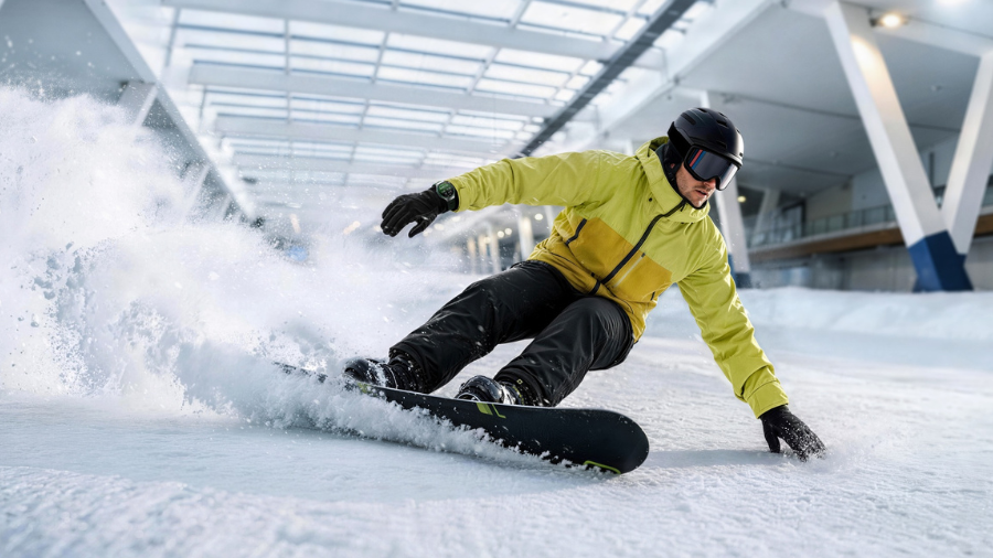 Snowboardista v jasně žluté bundě a helmě sjíždí zasněženou sjezdovku a testuje sportovní funkce hodinek Huawei Watch GT 7.