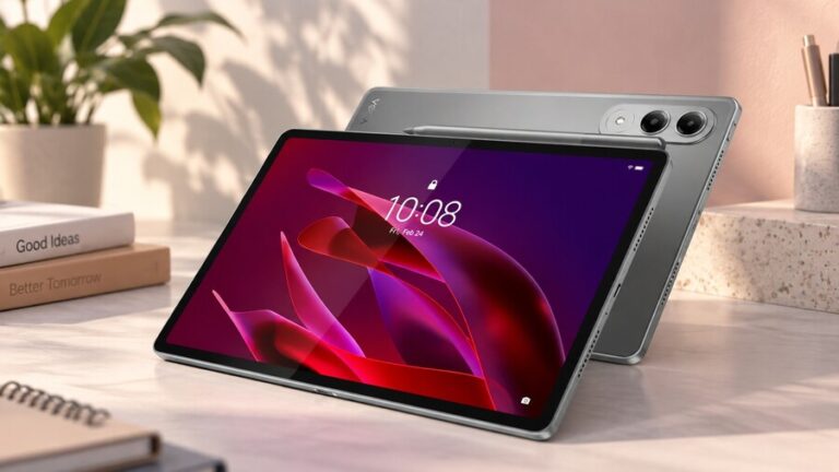Stříbrný tablet Lenovo Yoga Tab s dotykovým perem na stole v interiéru.