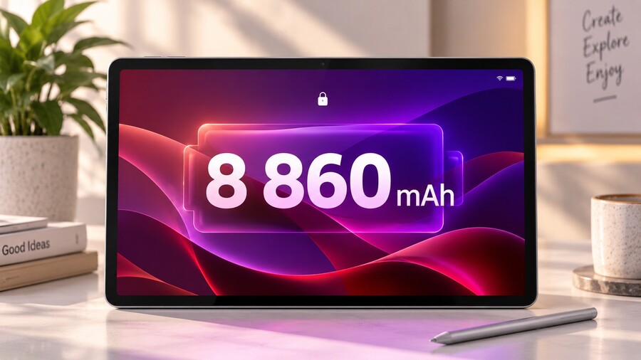Tablet Lenovo Yoga Tab zobrazující kapacitu baterie 8 860 mAh na displeji.