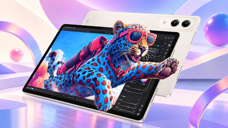 Tablet Lenovo Yoga Tab s grafickým softwarem na displeji, ze kterého vystupuje ilustrace barevného leoparda v brýlích.