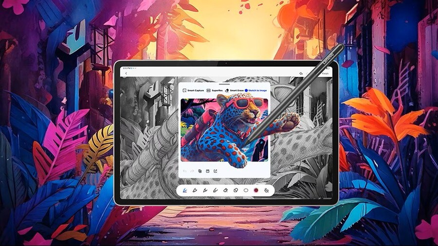 Tablet Lenovo Yoga Tab s dotykovým perem při kreslení a úpravách ilustrace na displeji.