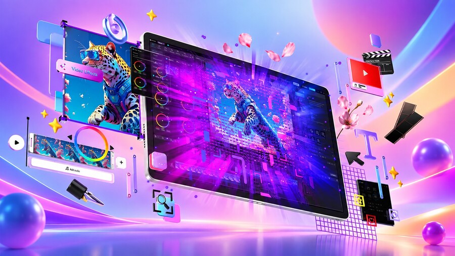 Tablet Lenovo Yoga Tab uprostřed pestrobarevné grafiky s motivem leoparda, okny střihu videa a tvůrčími nástroji.