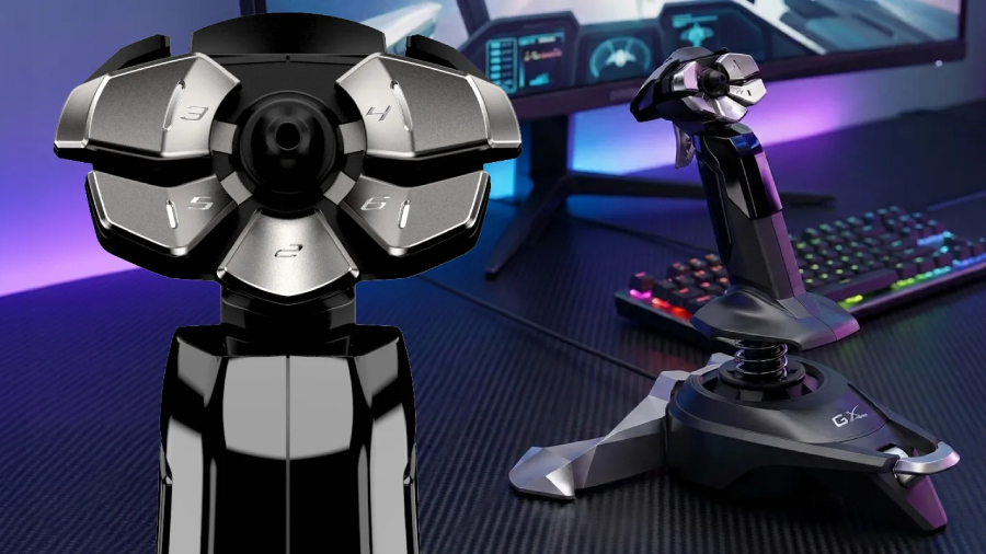 Detail ovládacího panelu a celkový pohled na herní joystick Genius GX Gaming MaxFire F27 u herní klávesnice.