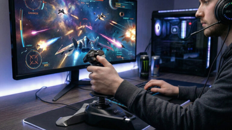 Mladý muž hraje na počítači vesmírný simulátor pomocí herního joysticku Genius GX Gaming MaxFire F27 na podsvícené podložce.