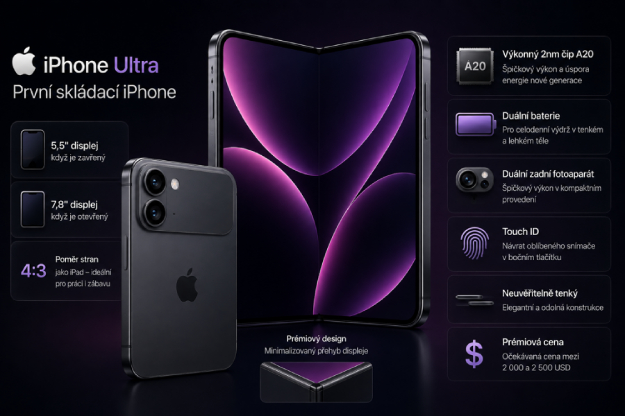 Přehledná produktová infografika představuje očekávané Apple novinky v podobě skládacího telefonu iPhone Ultra a zobrazuje jeho rozevřený displej i zadní stranu s popisy parametrů, mezi které patří displeje o velikosti 5,5 a 7,8 palce, 2nm čip A20, duální baterie i fotoaparát, Touch ID, tenké tělo a prémiová cena v dolarech.